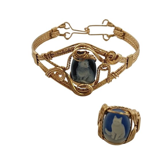 Vintage 12kt Gold Wire Cat Cameo Bracelet and Ring Set (A5315) - Picture 1 of 8